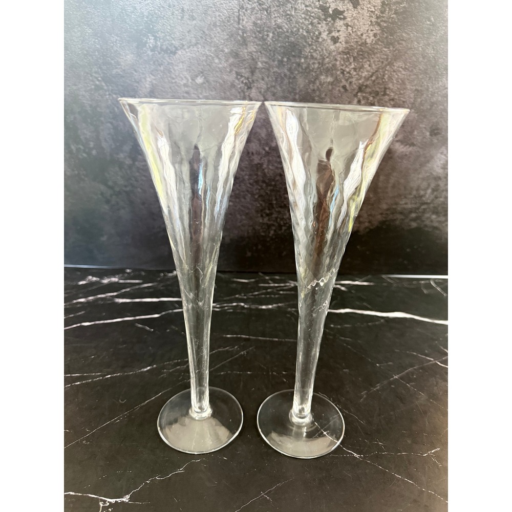 PAIR (2) Trumpet Hollow Stem Diamond Swirl 10 1/8in Champagne Glasses